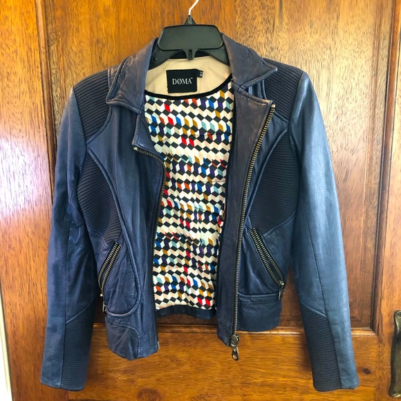 Doma faded navy color leather jacket with geometric lining xs - Picture 1 of 7